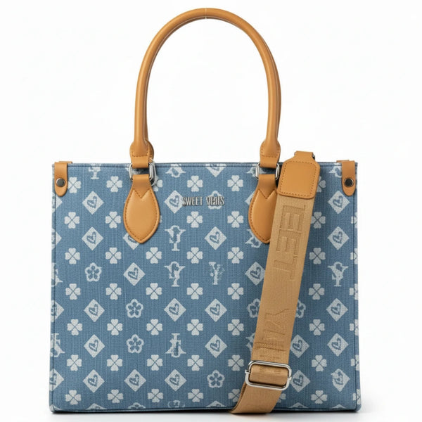 SWEET YEARS - Borsa shopping bag grande zip donna firmata tracolla logata jeans denim