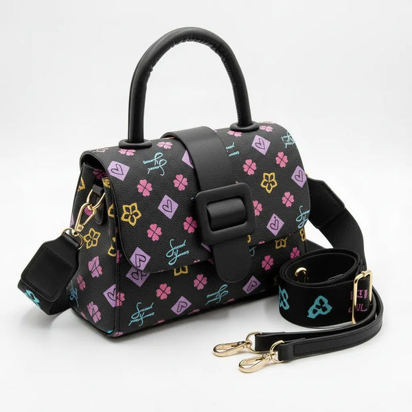SWEET YEARS - Borsa borsetta clutch zip donna firmata tracolla logata simil pelle Motivo Quadrifogli e Fiori picche