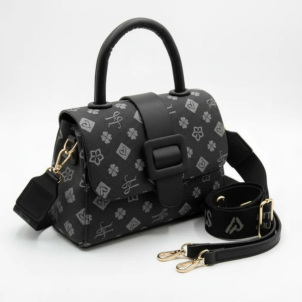 SWEET YEARS - Borsa borsetta clutch zip donna firmata tracolla logata simil pelle Motivo Quadrifogli e Fiori picche