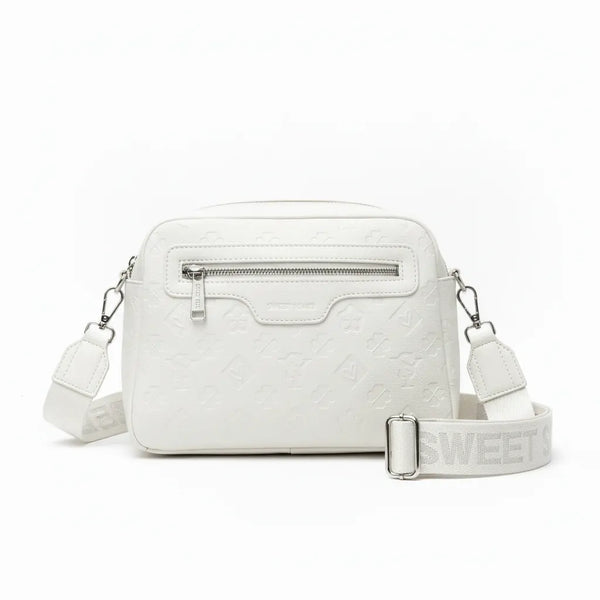 SWEET YEARS - Borsa borsetta clutch zip donna firmata tracolla logata simil pelle Motivo Quadrifogli e Fiori picche 3d pressata
