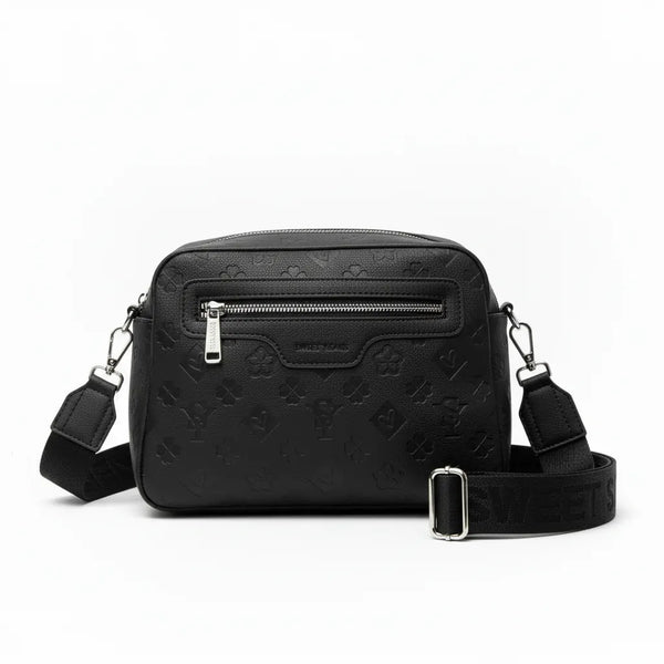 SWEET YEARS - Borsa borsetta clutch zip donna firmata tracolla logata simil pelle Motivo Quadrifogli e Fiori picche 3d pressata