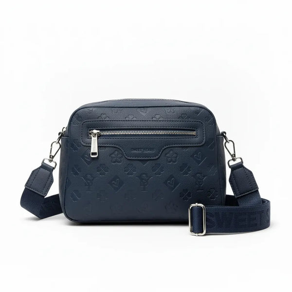 SWEET YEARS - Borsa borsetta clutch zip donna firmata tracolla logata simil pelle Motivo Quadrifogli e Fiori picche 3d pressata