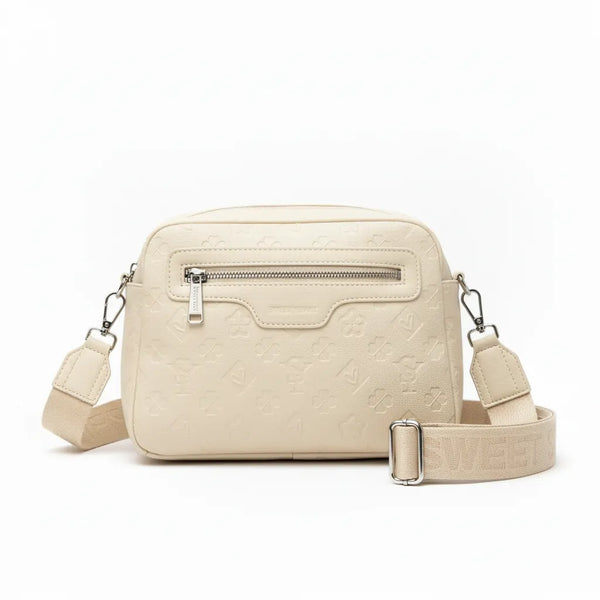 SWEET YEARS - Borsa borsetta clutch zip donna firmata tracolla logata simil pelle Motivo Quadrifogli e Fiori picche 3d pressata