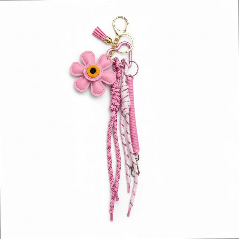 Charm Borsa Multi-Texture in Ecopelle Fiore Girasole Marrone e Cordini Paracord Utility - Ciondolo Portachiavi Artigianale