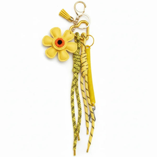 Charm Borsa Multi-Texture in Ecopelle Fiore Girasole Marrone e Cordini Paracord Utility - Ciondolo Portachiavi Artigianale