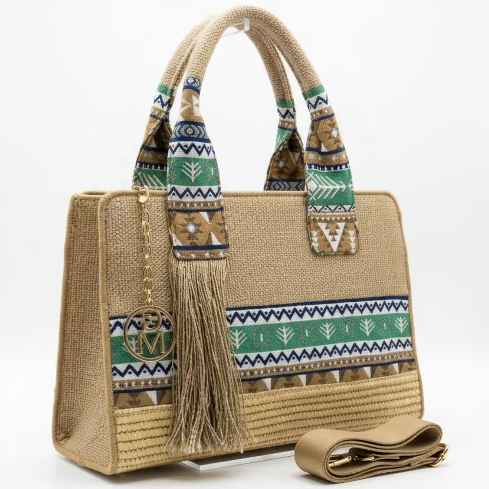 La Alba- Borsa shopping Tracolla Stile Etnico Multicolor frange Tessuto Morbido con Tasche e Zip