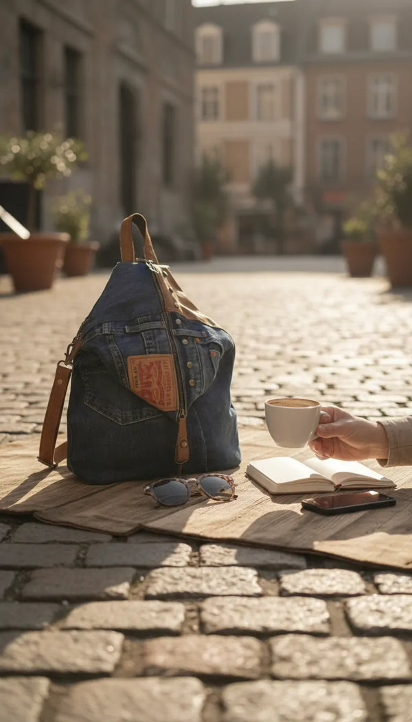 Zaino MADE IN ITALY in jeans LEVI'S vera pelle e borchie di alta qualità modello biker donna