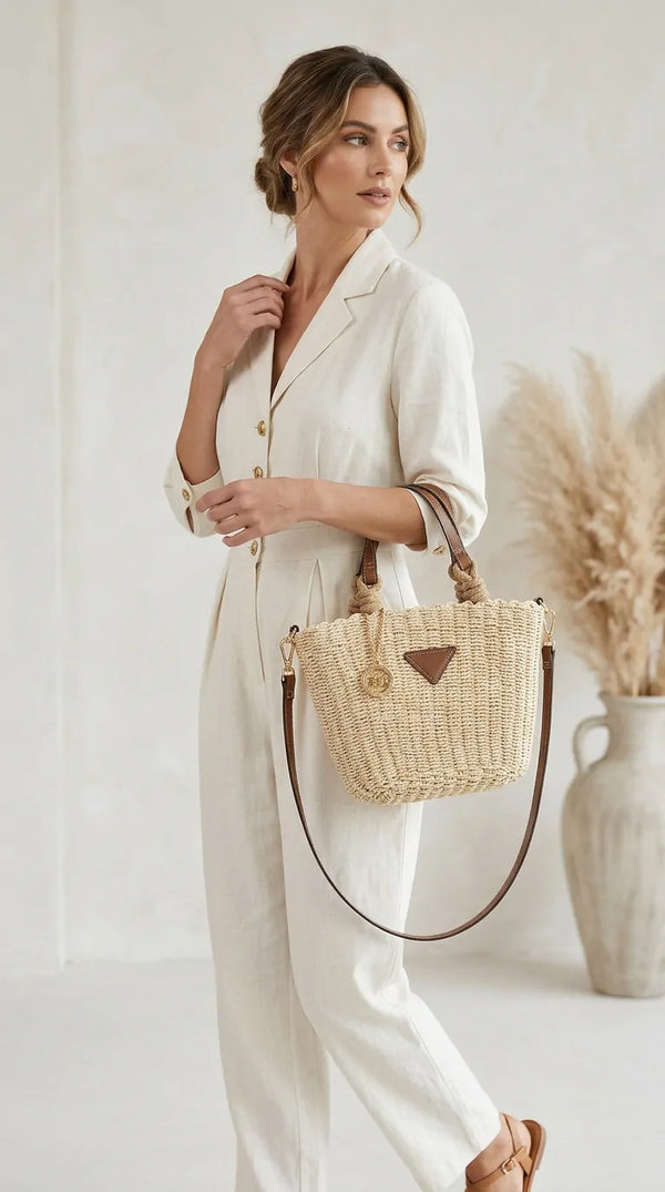 Baci & Abbracci - Borsa shopping spalla paglia raffia manici simil pelle