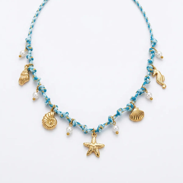 Costa Azzurra - Girocollo collana Catena Oro con Ciondoli marini conchiglie celeste