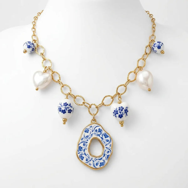 Cuore blue - Girocollo collana Donna effetto Ceramica di Vietri in Resina Leggera Placcata Oro