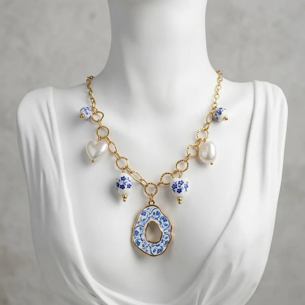 Cuore blue - Girocollo collana Donna effetto Ceramica di Vietri in Resina Leggera Placcata Oro
