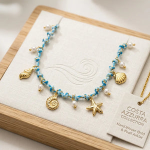 Costa Azzurra - Girocollo collana Catena Oro con Ciondoli marini conchiglie celeste