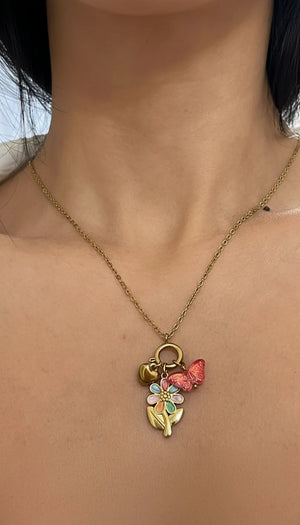 Battito d'ali - Girocollo collana Donna ciondolo con fiore e farfalla multicolore - acciaio inossidabile