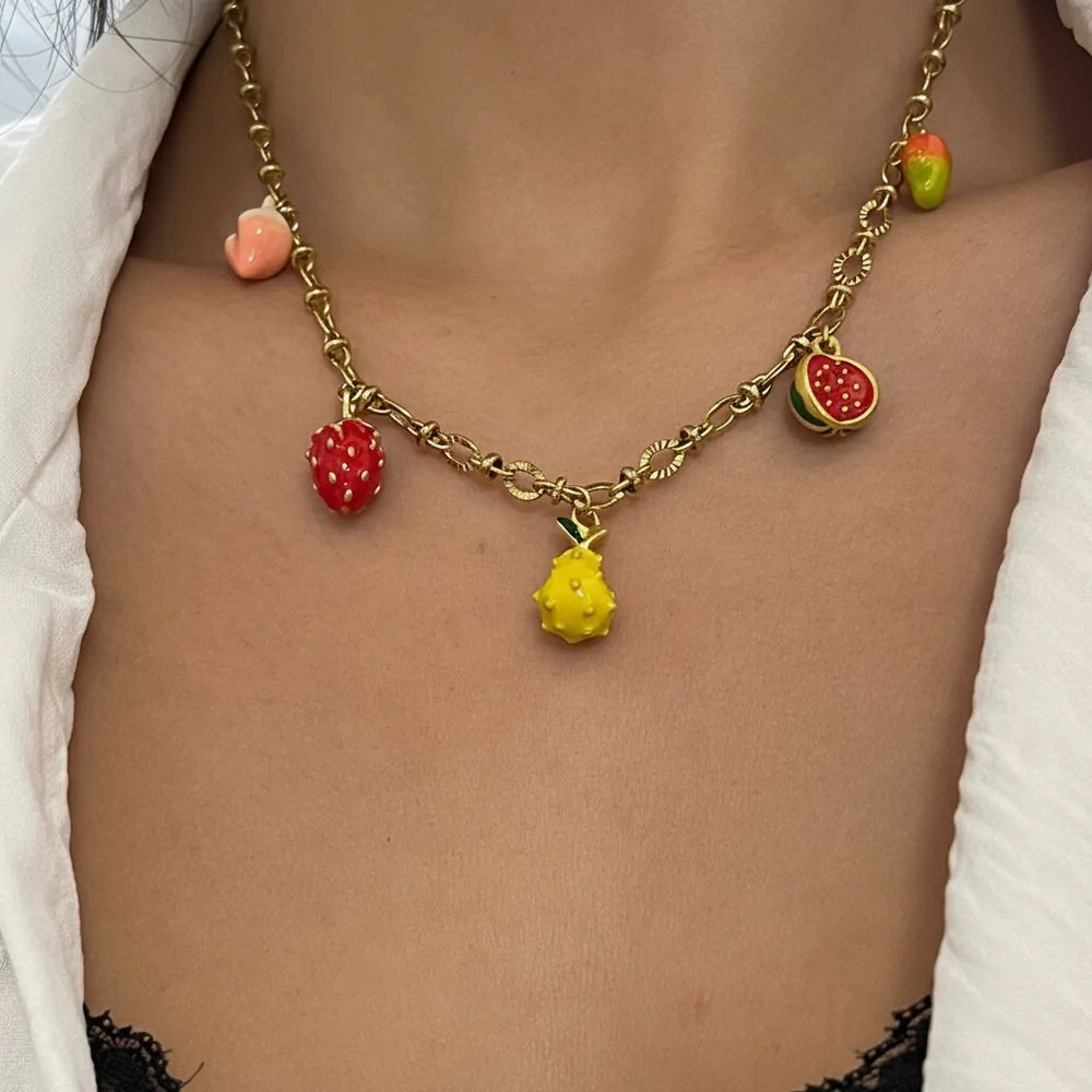 Macedonia - Girocollo collana Catena Oro con Ciondoli Frutta Smaltati: Fragola, Limone, Anguria - acciaio inossidabile