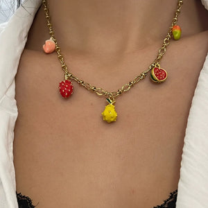 Macedonia - Girocollo collana Catena Oro con Ciondoli Frutta Smaltati: Fragola, Limone, Anguria - acciaio inossidabile