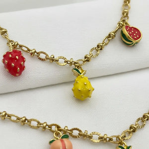 Macedonia - Girocollo collana Catena Oro con Ciondoli Frutta Smaltati: Fragola, Limone, Anguria - acciaio inossidabile