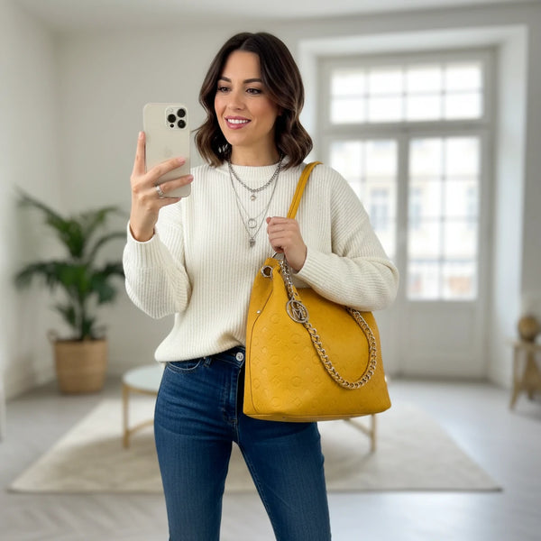 Carioca - Borsa donna hobo sacco a spalla manico catena logato pelle pressata grande capiente