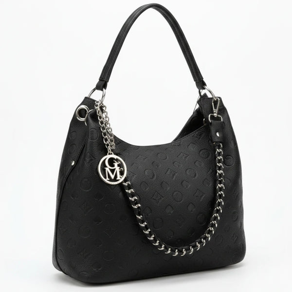 Carioca - Borsa donna hobo sacco a spalla manico catena logato pelle pressata grande capiente