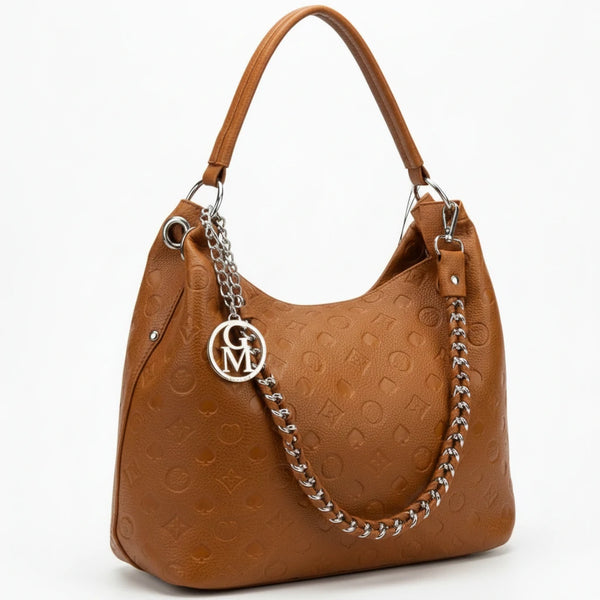 Carioca - Borsa donna hobo sacco a spalla manico catena logato pelle pressata grande capiente