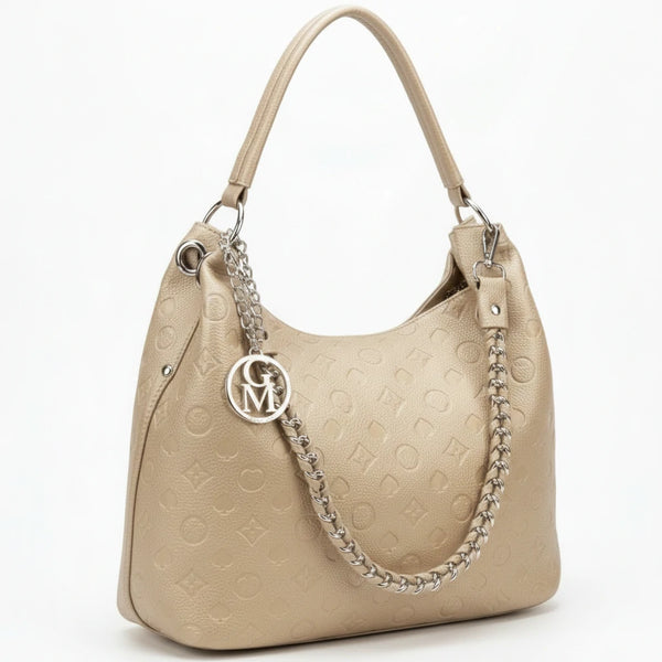 Carioca - Borsa donna hobo sacco a spalla manico catena logato pelle pressata grande capiente