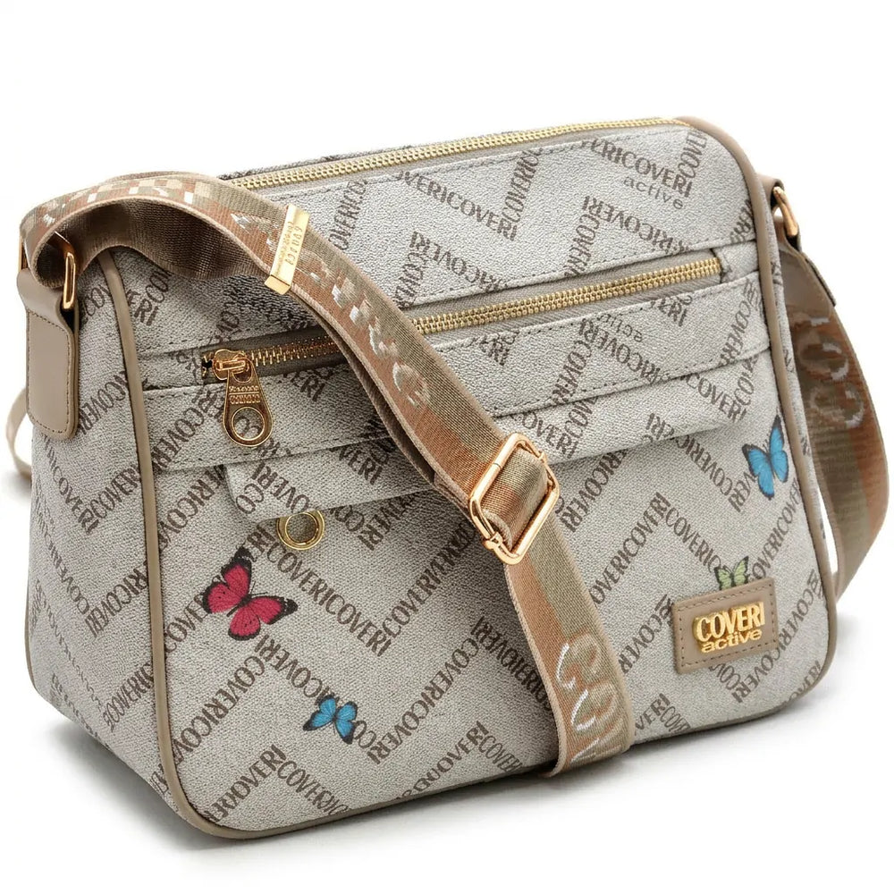 Borsa firmata COVERI ACTIVE zip cerniere logata tracolla donna logo zip tracolla fantasia farfalle
