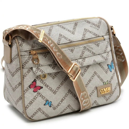 Borsa firmata COVERI ACTIVE zip cerniere logata tracolla donna logo zip tracolla fantasia farfalle