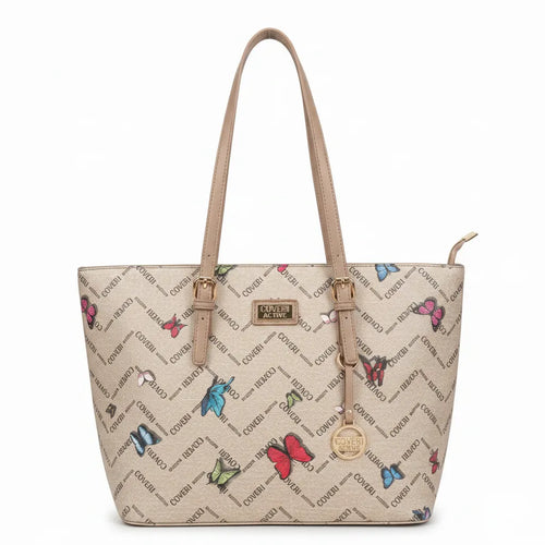 Borsa firmata COVERI ACTIVE zip cerniere logata shopping bag spalla donna logo zip tracolla fantasia farfalle