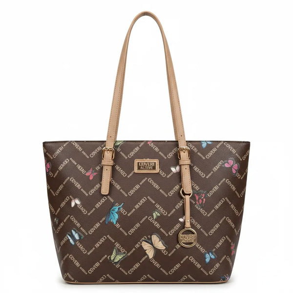Borsa firmata COVERI ACTIVE zip cerniere logata shopping bag spalla donna logo zip tracolla fantasia farfalle
