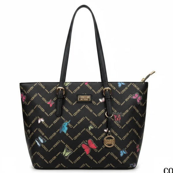 Borsa firmata COVERI ACTIVE zip cerniere logata shopping bag spalla donna logo zip tracolla fantasia farfalle