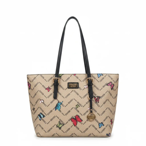 Borsa firmata COVERI ACTIVE zip cerniere logata shopping bag spalla donna logo zip tracolla fantasia farfalle