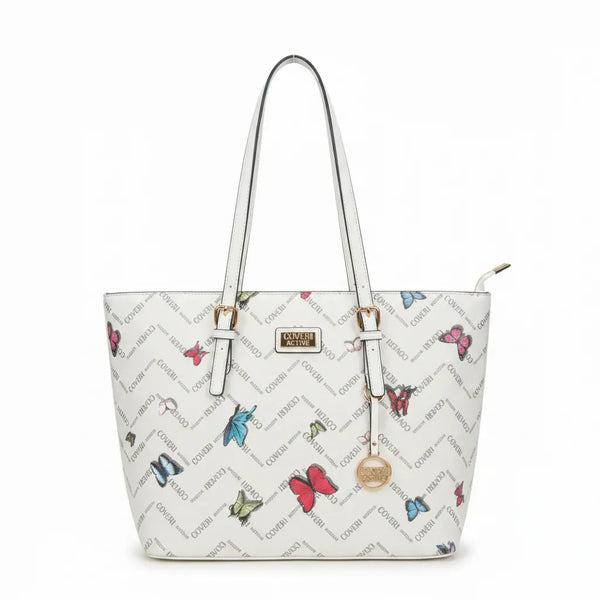 Borsa firmata COVERI ACTIVE zip cerniere logata shopping bag spalla donna logo zip tracolla fantasia farfalle