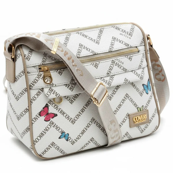 Borsa firmata COVERI ACTIVE zip cerniere logata tracolla donna logo zip tracolla fantasia farfalle