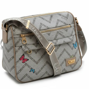 Borsa firmata COVERI ACTIVE zip cerniere logata tracolla donna logo zip tracolla fantasia farfalle