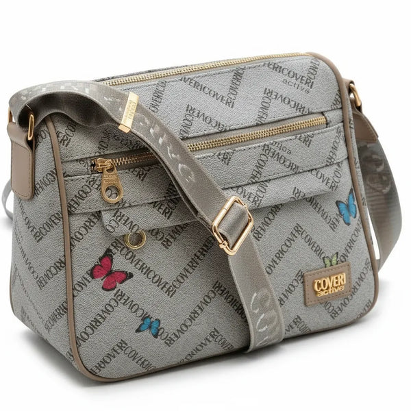 Borsa firmata COVERI ACTIVE zip cerniere logata tracolla donna logo zip tracolla fantasia farfalle