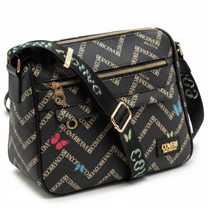 Borsa firmata COVERI ACTIVE zip cerniere logata tracolla donna logo zip tracolla fantasia farfalle