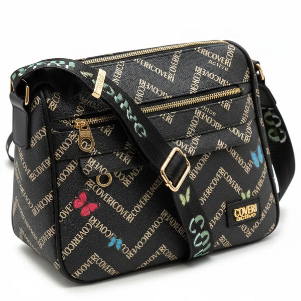 Borsa firmata COVERI ACTIVE zip cerniere logata tracolla donna logo zip tracolla fantasia farfalle