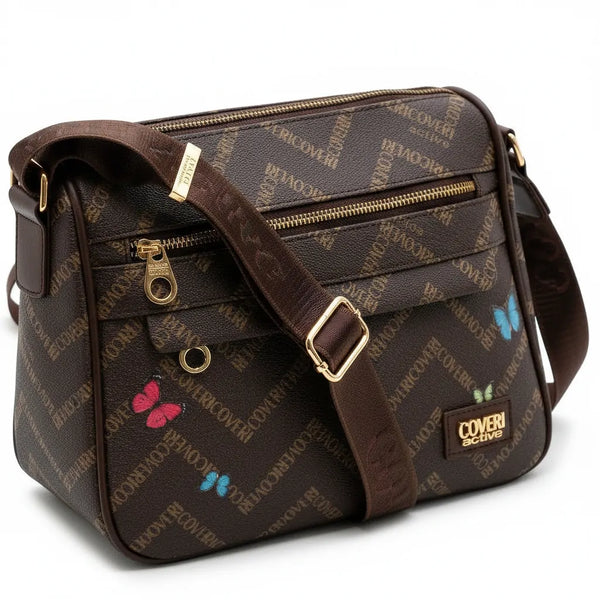 Borsa firmata COVERI ACTIVE zip cerniere logata tracolla donna logo zip tracolla fantasia farfalle