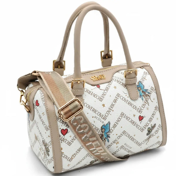 Borsa firmata COVERI ACTIVE zip cerniere logata bauletto donna logo zip tracolla fantasia farfalle
