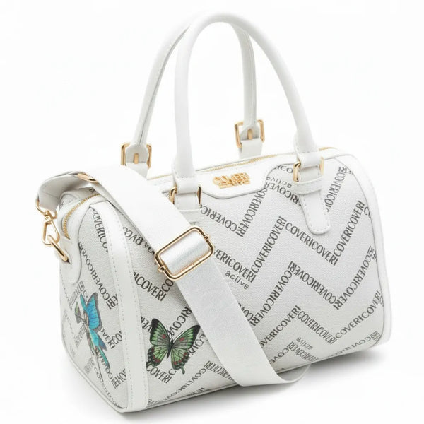 Borsa firmata COVERI ACTIVE zip cerniere logata bauletto donna logo zip tracolla fantasia farfalle