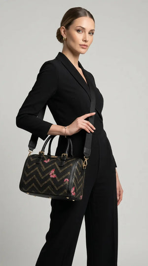 Borsa firmata COVERI ACTIVE zip cerniere logata bauletto donna logo zip tracolla fantasia farfalle