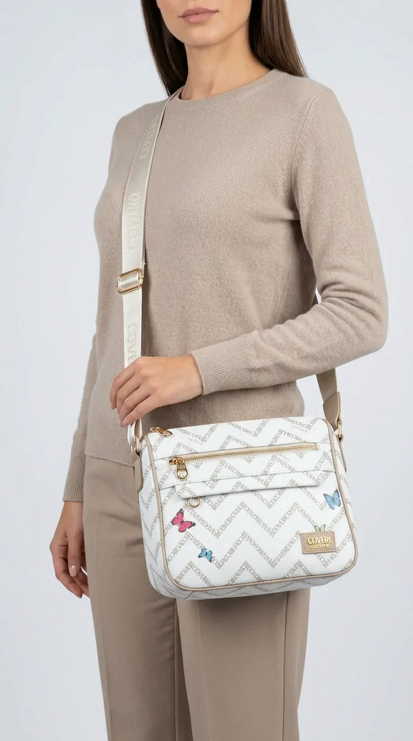 Borsa firmata COVERI ACTIVE zip cerniere logata tracolla donna logo zip tracolla fantasia farfalle