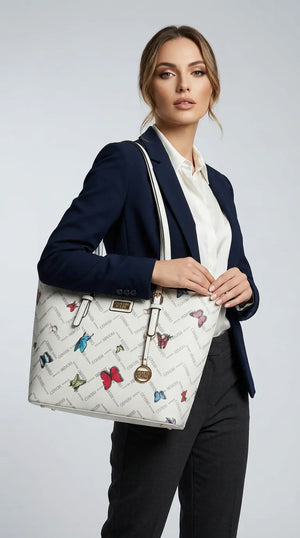 Borsa firmata COVERI ACTIVE zip cerniere logata shopping bag spalla donna logo zip tracolla fantasia farfalle