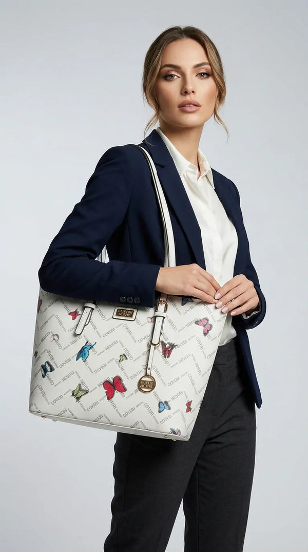 Borsa firmata COVERI ACTIVE zip cerniere logata shopping bag spalla donna logo zip tracolla fantasia farfalle