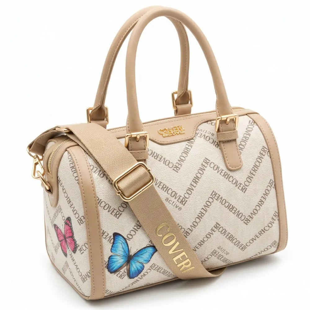 Borsa firmata COVERI ACTIVE zip cerniere logata bauletto donna logo zip tracolla fantasia farfalle