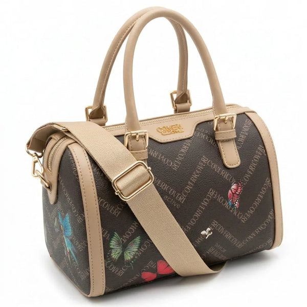 Borsa firmata COVERI ACTIVE zip cerniere logata bauletto donna logo zip tracolla fantasia farfalle
