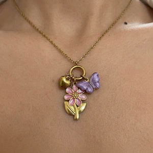 Battito d'ali - Girocollo collana Donna ciondolo con fiore e farfalla multicolore - acciaio inossidabile