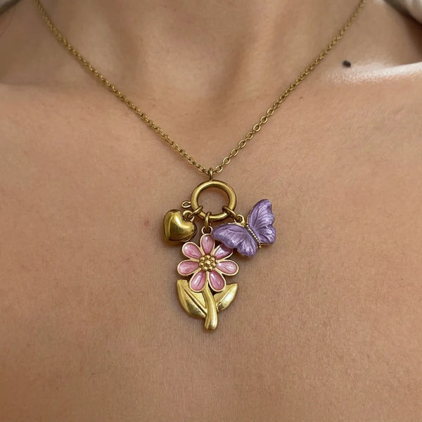 Battito d'ali - Girocollo collana Donna ciondolo con fiore e farfalla multicolore - acciaio inossidabile