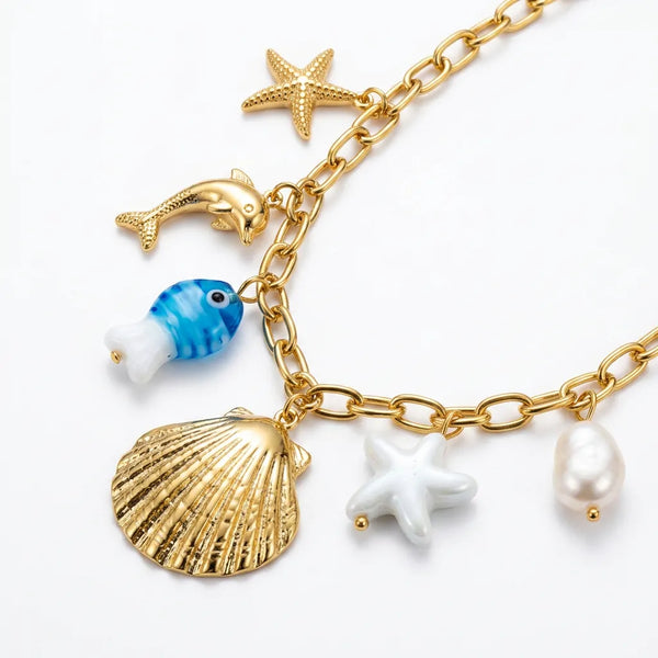Acquario - Collana Catena Oro con Ciondoli Mare: Pesciolino Azzurro, Conchiglia e Stelle