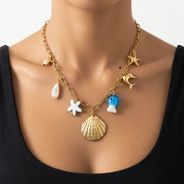 Acquario - Collana Catena Oro con Ciondoli Mare: Pesciolino Azzurro, Conchiglia e Stelle