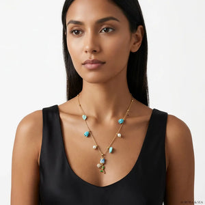 Incanto Azzurro - Collana Catena acciaio Oro con Ciondolo Tulipano Azzurro, Perle e Strass